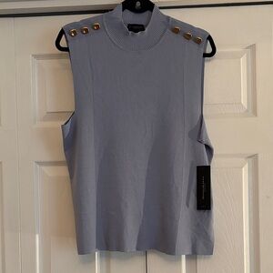 Donna Karan Blue Sleeveless Ribbed Tank with Gold Buttons